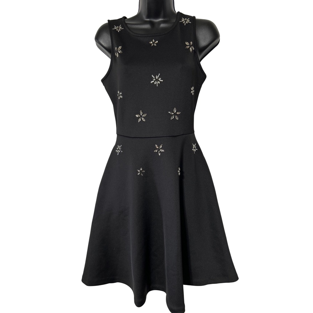 APT 9 Black‎ Sleeveless Fit Flare Dress Rhinestone Flower Embellishment XS